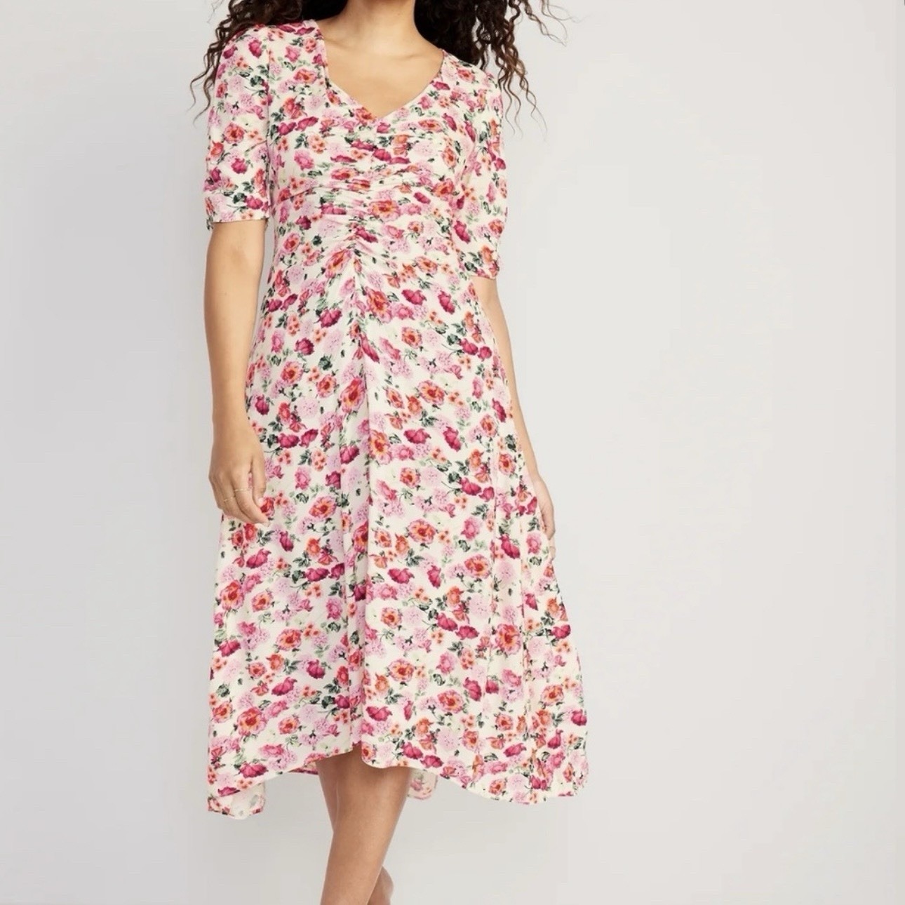 Old Navy Puff-Sleeve V-Neck Crepe Midi Dress Women's Size S White Floral Ruched